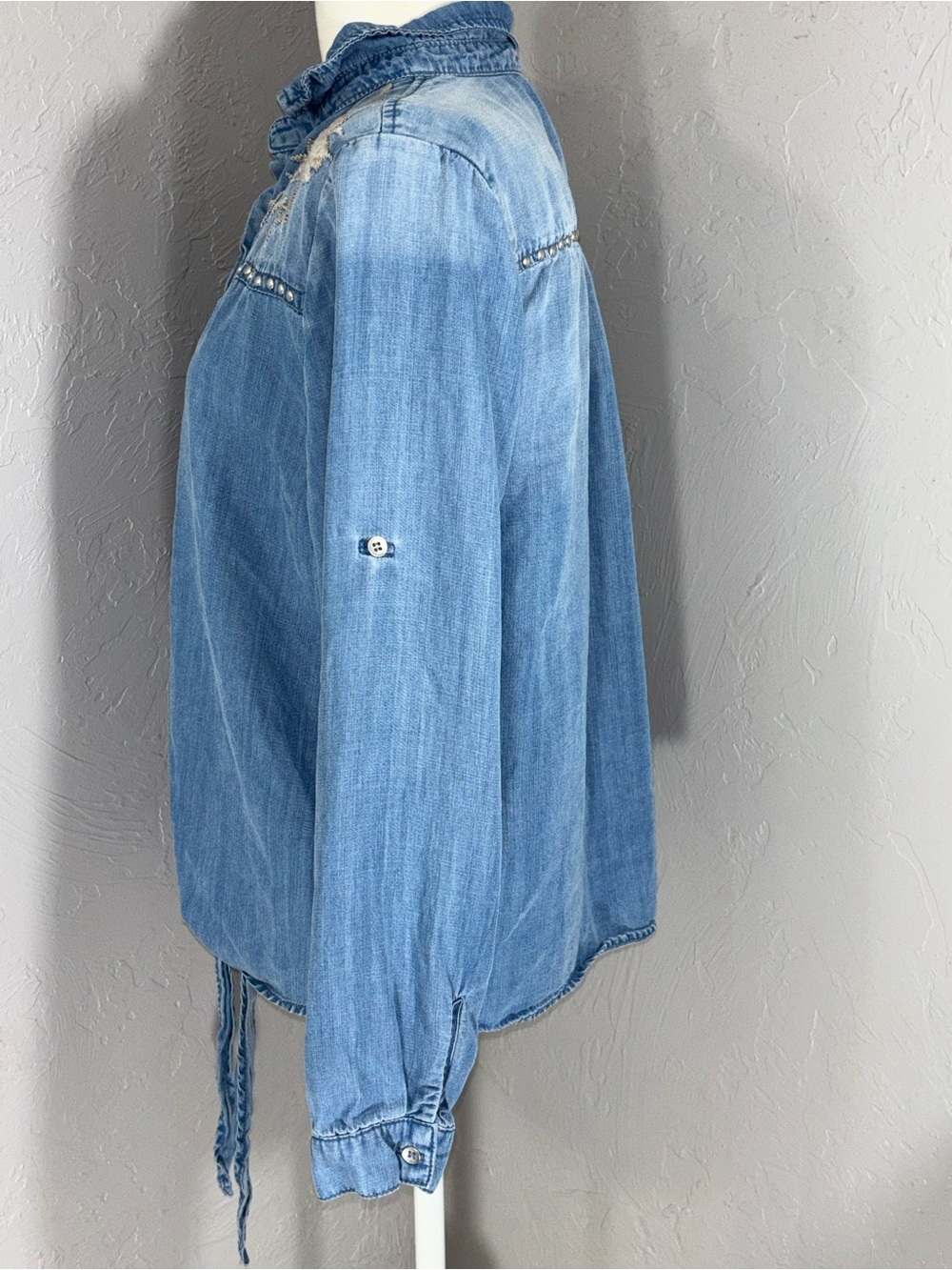 Reba Light Blue Embroidered Tie-Front Denim Blouse - Picture 5 of 12